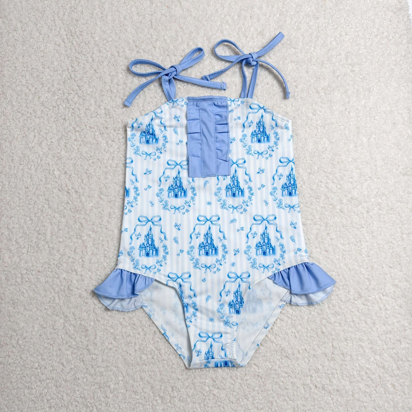 S0753 Kids Baby Girls Strap Blue Stripe Bows Castles Swimsuits