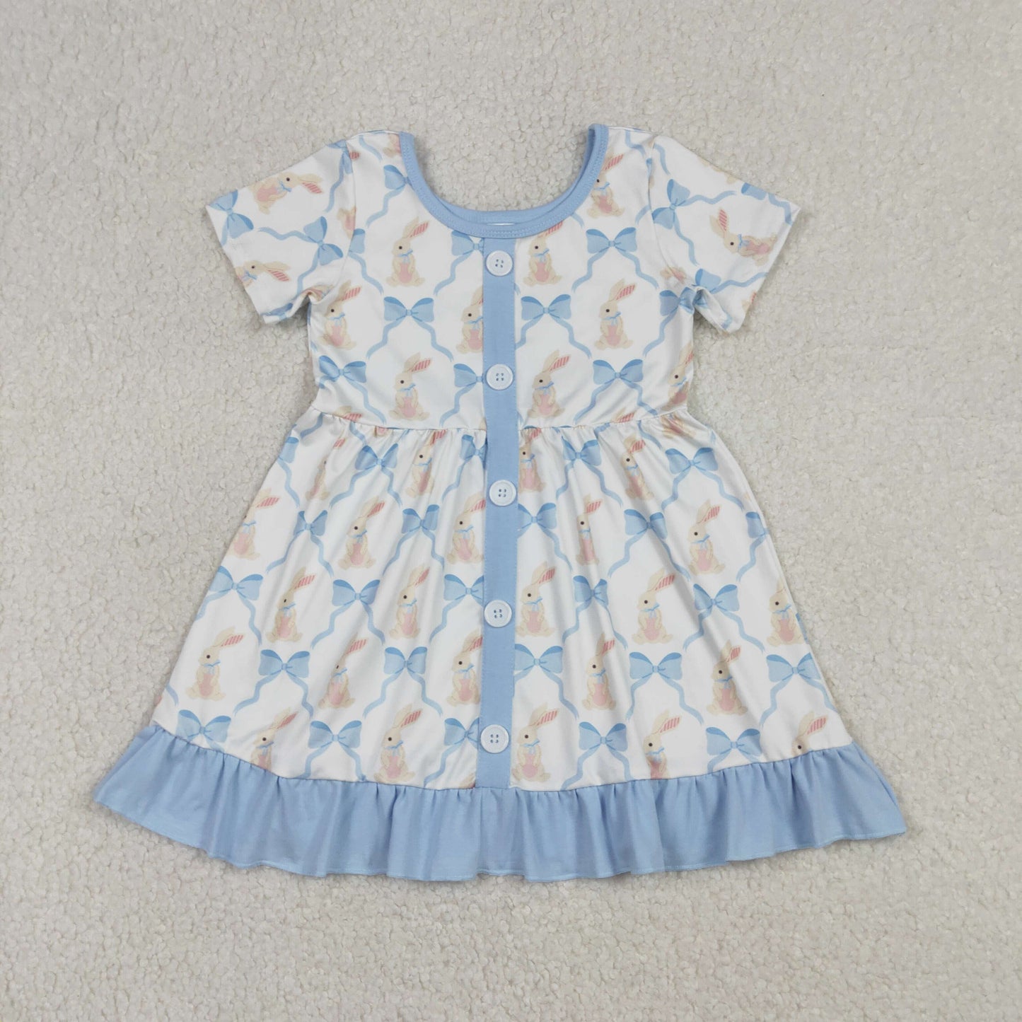 RTS NO MOQ（In Stock) GSD3416 Blue lace-trimmed button-down short-sleeved dress with rabbit bow pattern