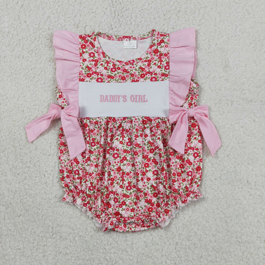 SR3940 Newborn Embroidery Daddy's Girls Flutter Sleeve Flowers Bows Ruffle Rompers