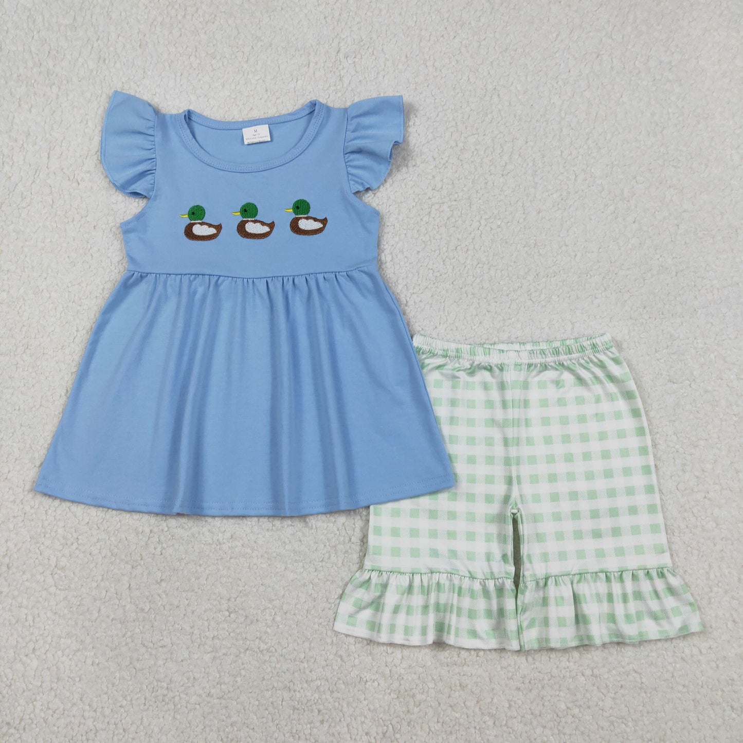 RTS NO MOQ（In Stock) GSSO2728 Embroidered three ducks blue flutter sleeve green and white checkered shorts set