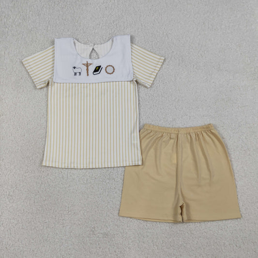 BSSO1777 Kids Embroidery Cross Sheep Baby Boy Stripe Top Shorts Clothes Sets