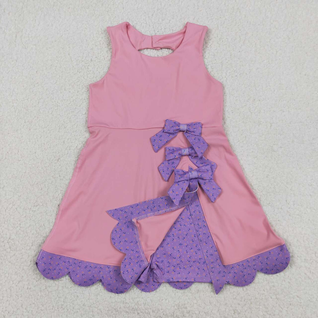 GSD3028 Kids Baby Girls Pink Purple Sleeveless Yoga Active Scallop Bows Shorts Knee Length Dresses