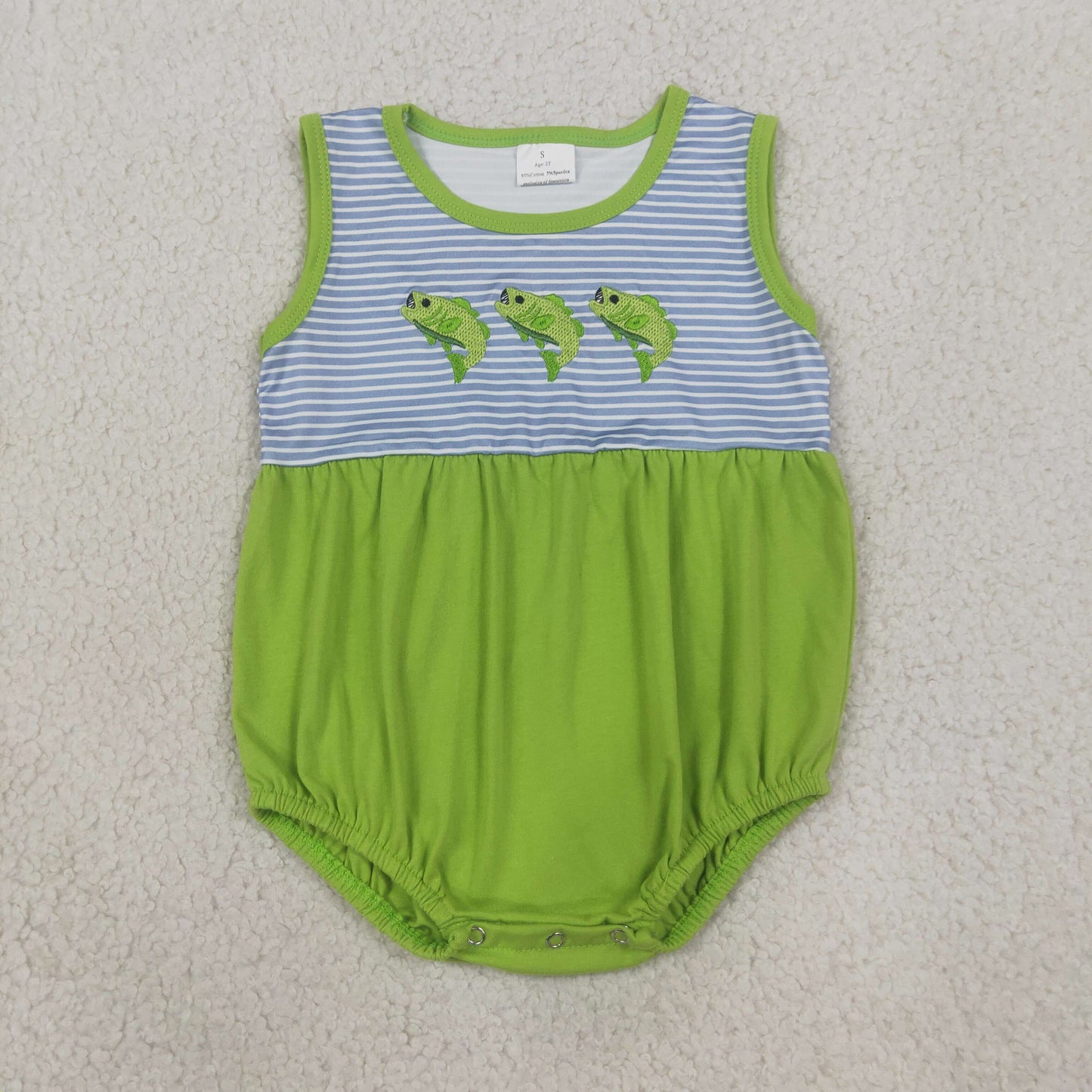 SR4139 Newborn Baby Boys Embroidery Fishes Sleeveless Fishing Hunting Stripe Rompers