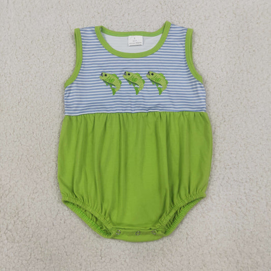 SR4139 Newborn Baby Boys Embroidery Fishes Sleeveless Fishing Hunting Stripe Rompers