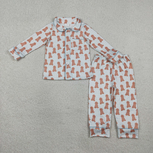BLP1408 Kids Baby Boy Blue Checked Dogs Button Pocket Top Pant Pajamas Sets
