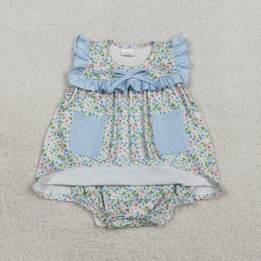 SR3752 Newborn Baby Girl Sleeveless Flowers Pockets Tunic Bummies Ruffle Rompers