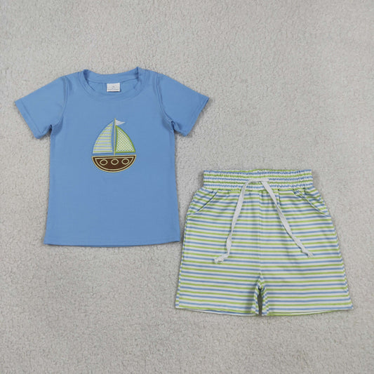 BSSO1860 Kids Embroidery Boats Baby Boys Blue Shirts Top Stripe Pockets Shorts Clothes Sets