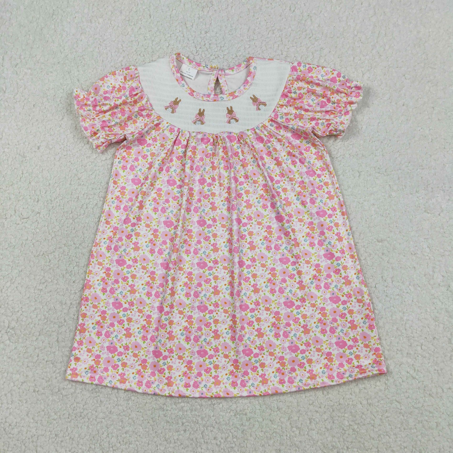 GSD3406 Kids Smocked Bows Rabbits Baby Girls Pink Flowers Easter Knee Length Dress