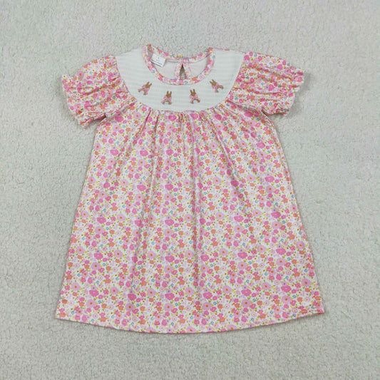 GSD3406 Kids Smocked Bows Rabbits Baby Girls Pink Flowers Easter Knee Length Dress