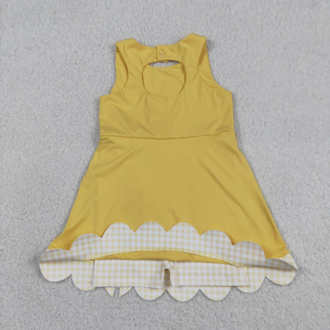 GSD3318 Kids Baby Girls Yellow Sleeveless Yoga Ruffle Shorts Bows Scallop Knee Length Dresses