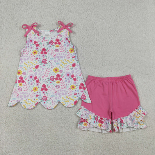 GSSO3391 Kids Baby Girls Sleeveless Colorful Flowers Tunic Ruffle Shorts Clothes Set