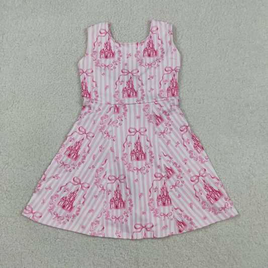 GSD3815 Kids Baby Girls Pink Stripe Bows Castles Yoga Active Short Knee Length Dresses