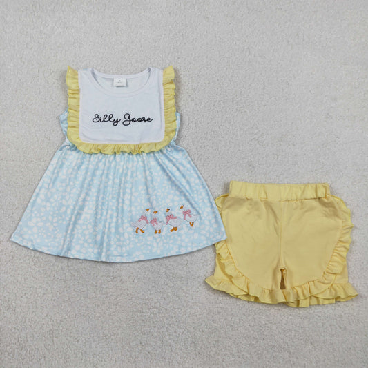 GSS02796 Kids Baby Girl Embroidery Silly Gooses Floral Tunic Ruffle Shorts Clothes Sets