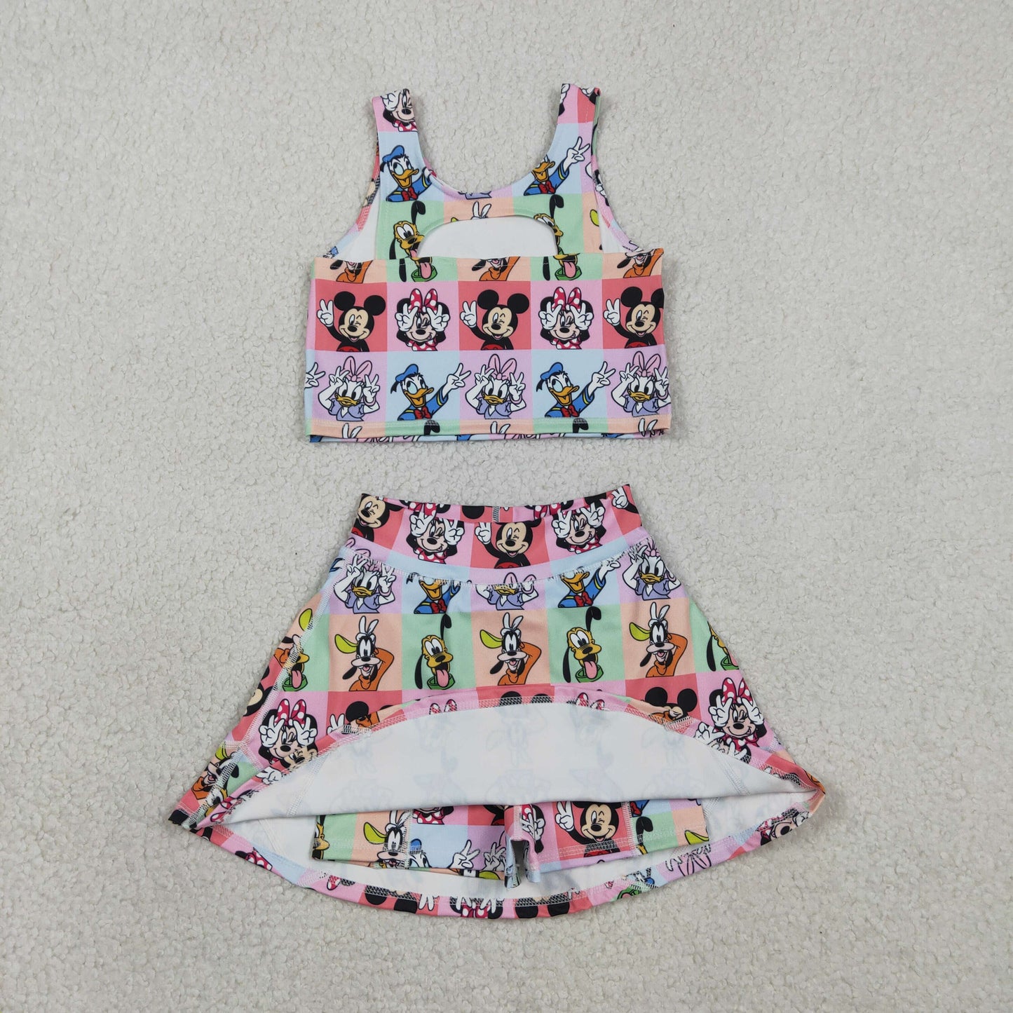 GSD2333 Kids Baby Girl Sleeveless Cartoon Mouse Ducks Plaid Top Skort Yoga Sets