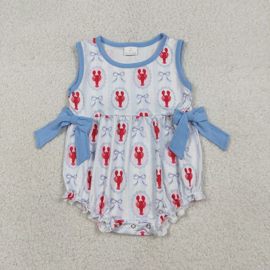 RTS NO MOQ(In Stock) SR3828 Lobster Blue Bow Pattern Vertical Striped Vest Jumpsuit