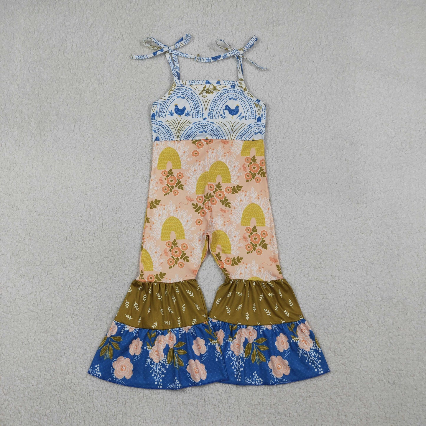 RTS NO MOQ（In Stock SR3582 Chick Rainbow Flower and Leaf Patchwork Suspender Bodysuit