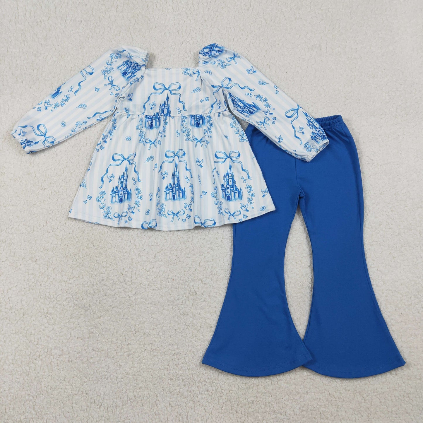 RTS NO MOQ（In Stock) GLP3283 Bow Pattern Castle Blue Striped Long-Sleeved Pants Set