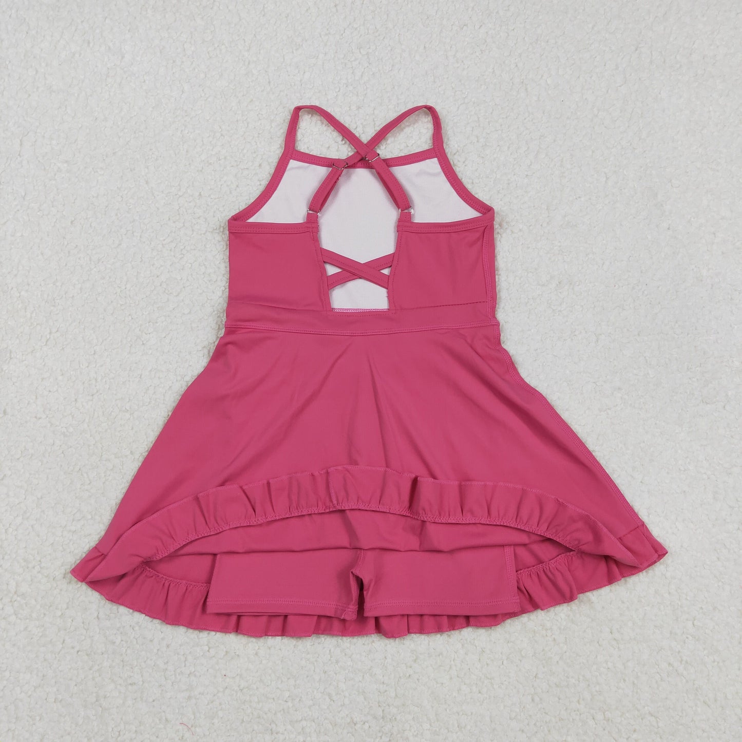S0727 Kids Baby Girl Hot Pink Strap Yoga Active Shorts Ruffle Knee Length Dresses