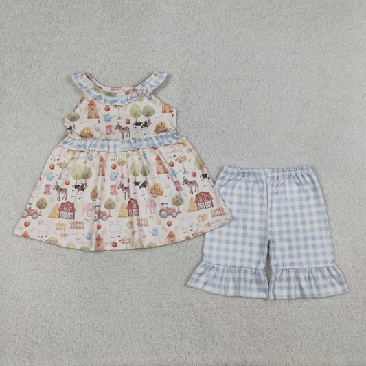 GSSO3077 Kids Baby Girls Sleeveless Pigs Cows Tunic Ruffle Checked Shorts Farm Clothes Sets
