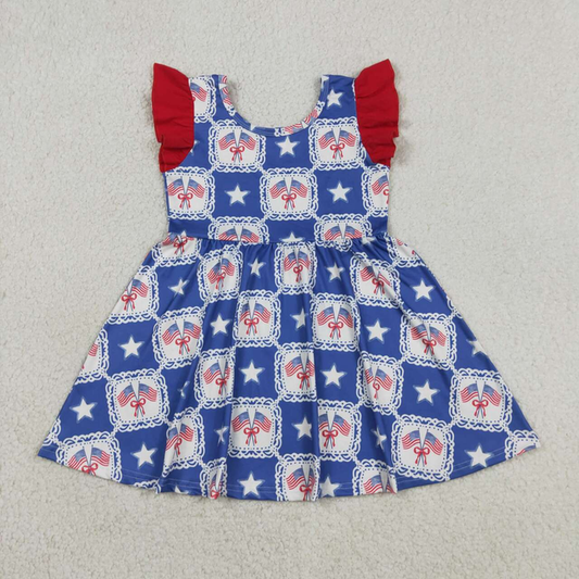 GSD3514 Kids Baby Girls Flutter Sleeve Stars Flags Checked 4th of July Knee Length Dresses