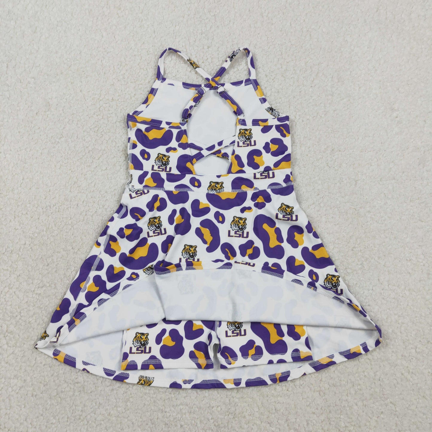 GSD3639 Kids Baby Girl Strap Purple Leopard LSU Tigers Team Yoga Active Shorts Knee Length Dresses