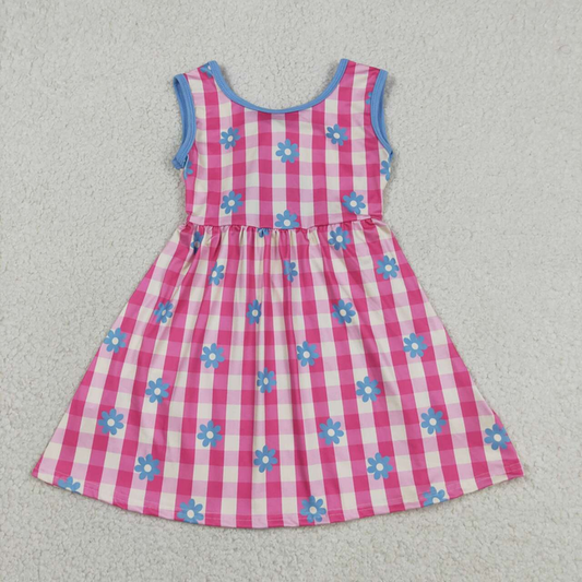 GSD4007 Kids Baby Girls Sleeveless Pink Checked Flowers Back Bow Knee Length Dresses