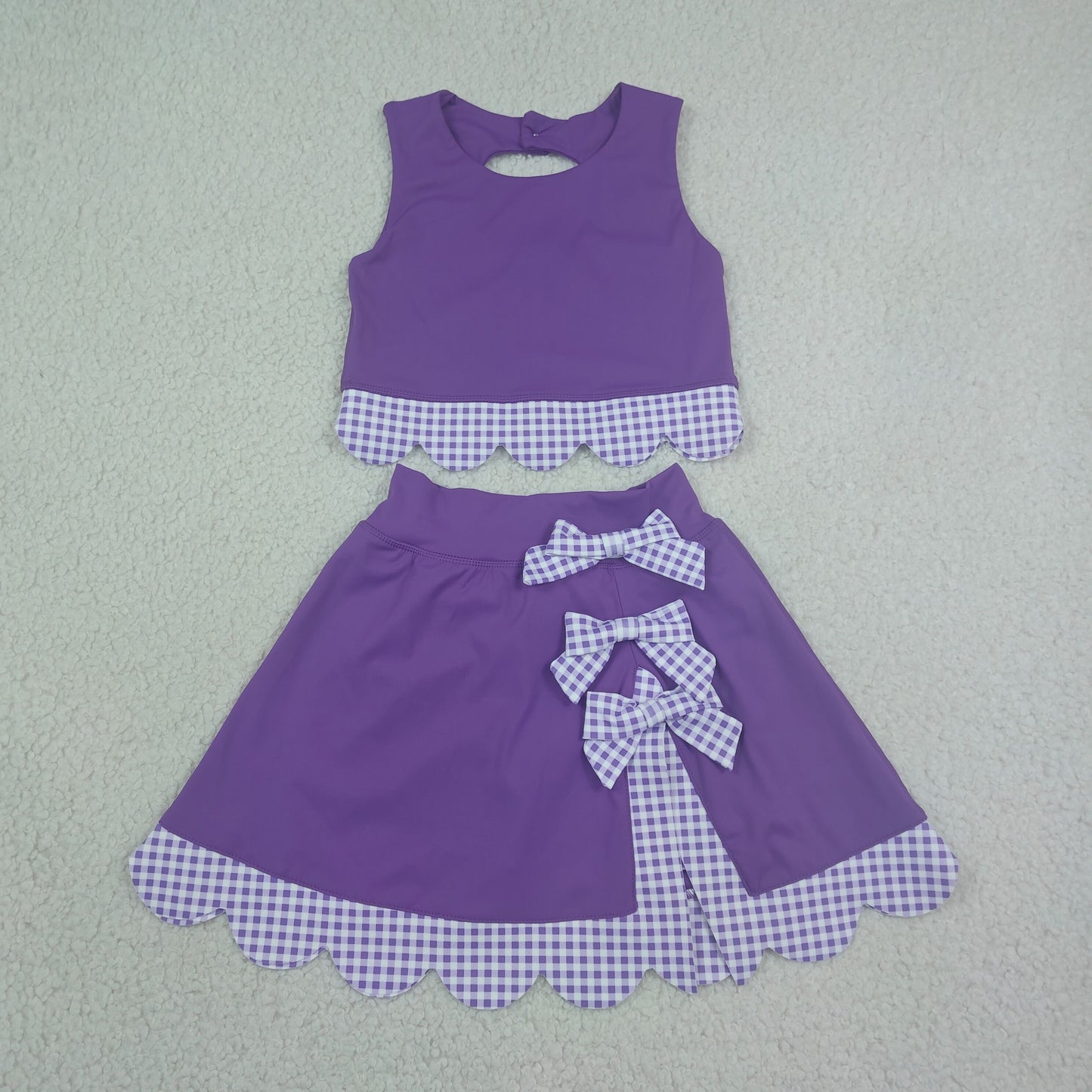 GSD4225 Kids Clothing Baby Girls Purple Sleeveless Vest Bows Skirt Short Yoga Active Bows Scallop Clothes Sets