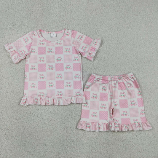 GSSO3342 Kids Baby Girls Short Sleeve Pink Bows Strawberry Checked Top Ruffle Short Clothes Set