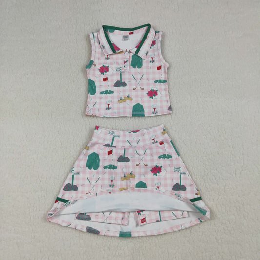 GSD3520 Kids Baby Girl Pink Checked Golf Flags Button Top Skirt Short Yoga Active Clothes Sets