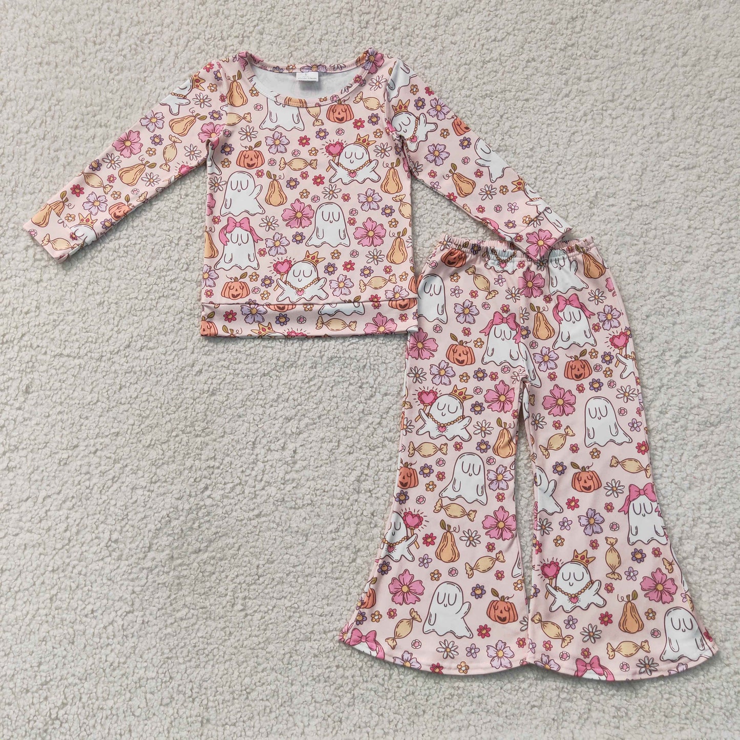 GLP3400 Kids Baby Girls Flowers Ghosts Shirt Top Flare Pant Halloween Clothes Sets
