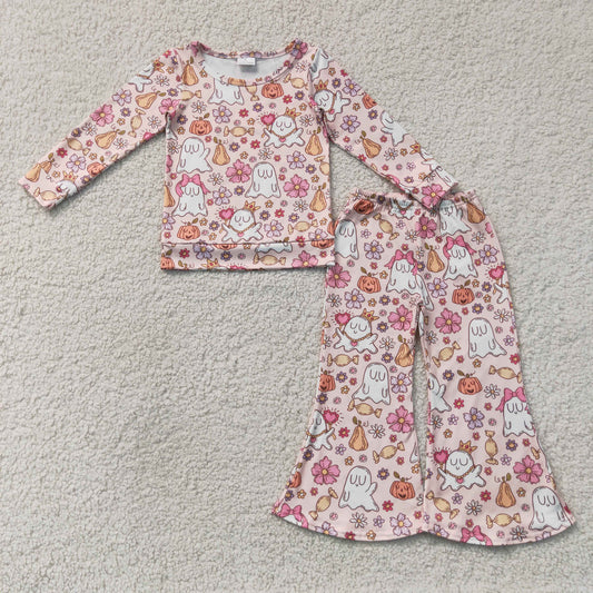 GLP3400 Kids Baby Girls Flowers Ghosts Shirt Top Flare Pant Halloween Clothes Sets