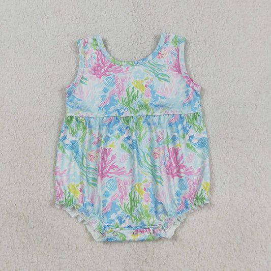 SR3991 Newborn Baby Girl Sleeveless Watercolor Sea Plants Ruffle Rompers