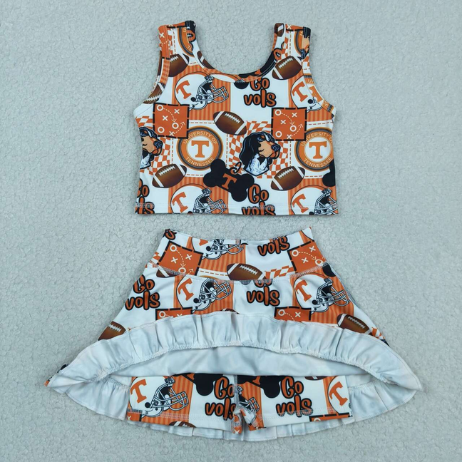 GSD3613 Kids Baby Girls Footballs Go Vols Vest Ruffle Skirt Short Team Yoga Active Clothes Sets