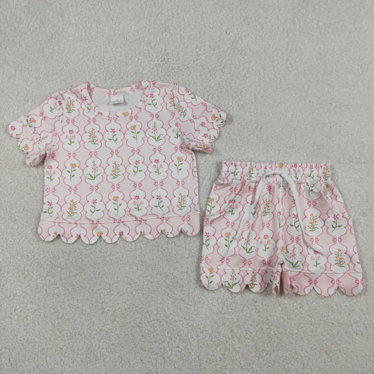 GSSO3271 Kids Baby Girls Colorful Flowers Checked Top Shorts Scallop Clothes Sets