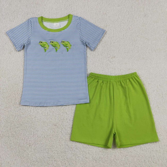 BSSO2001 Kids Embroidery Fishes Baby Boys Short Sleeve Stripe Top Short Hunting Clothes Sets