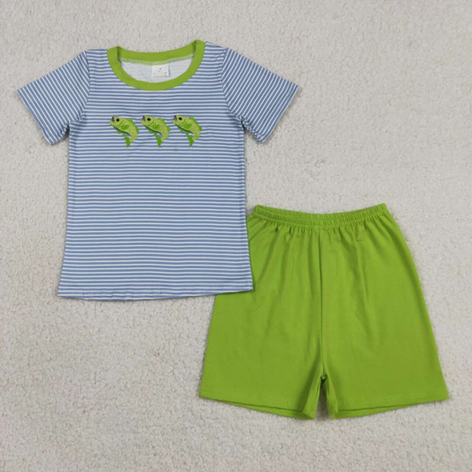 BSSO2001 Kids Embroidery Fishes Baby Boys Short Sleeve Stripe Top Short Hunting Clothes Sets