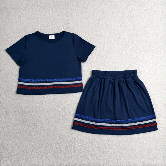 GSD3811 Kids Baby Girls Navy Short Sleeve Stripe Top Skirt Shorts Slouchy Clothes Sets