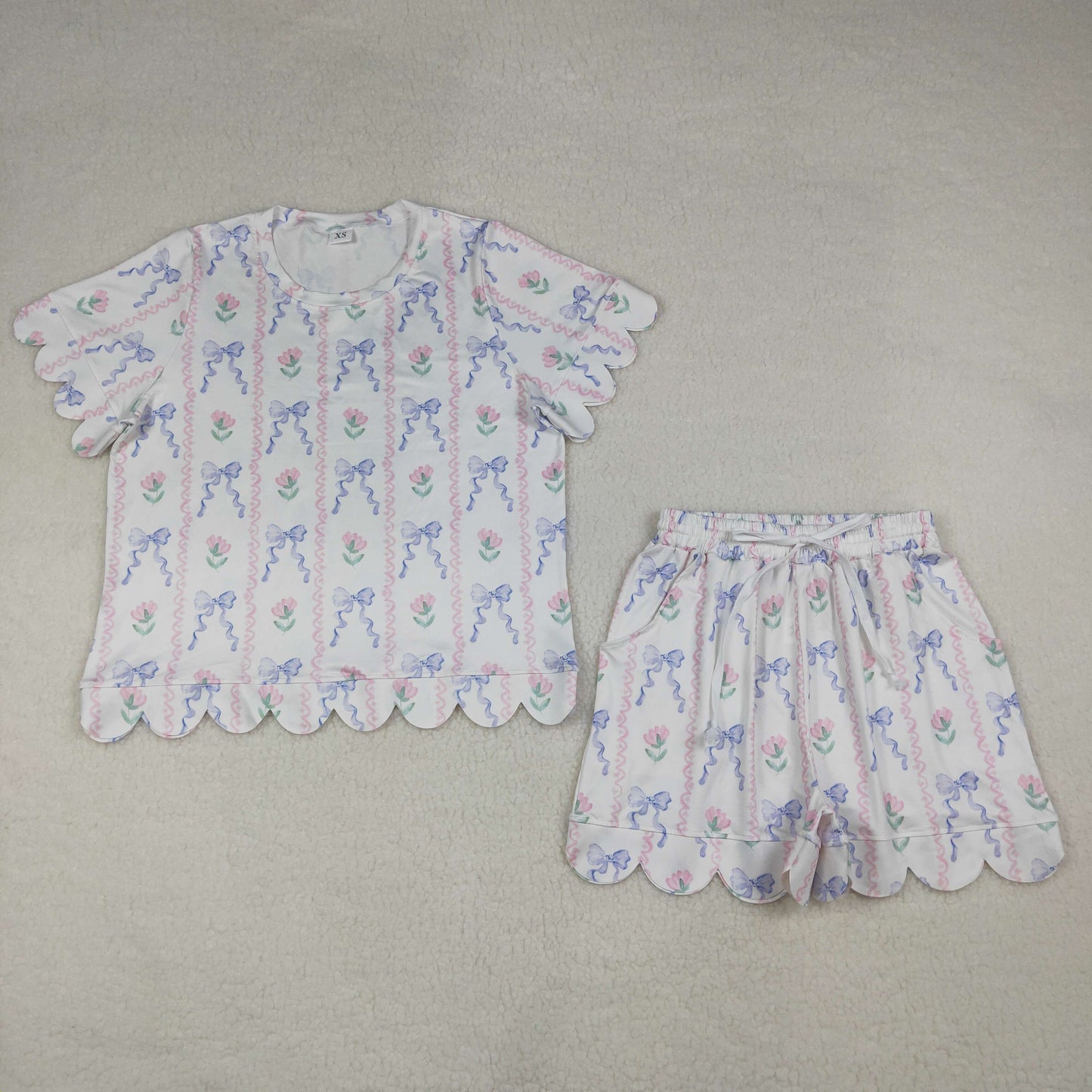 GSSO3405 Adult Women Bows Flowers Stripe Top Short Scallop Clothes Sets