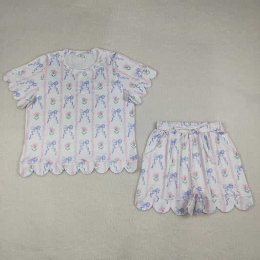 GSSO3405 Adult Women Bows Flowers Stripe Top Short Scallop Clothes Sets