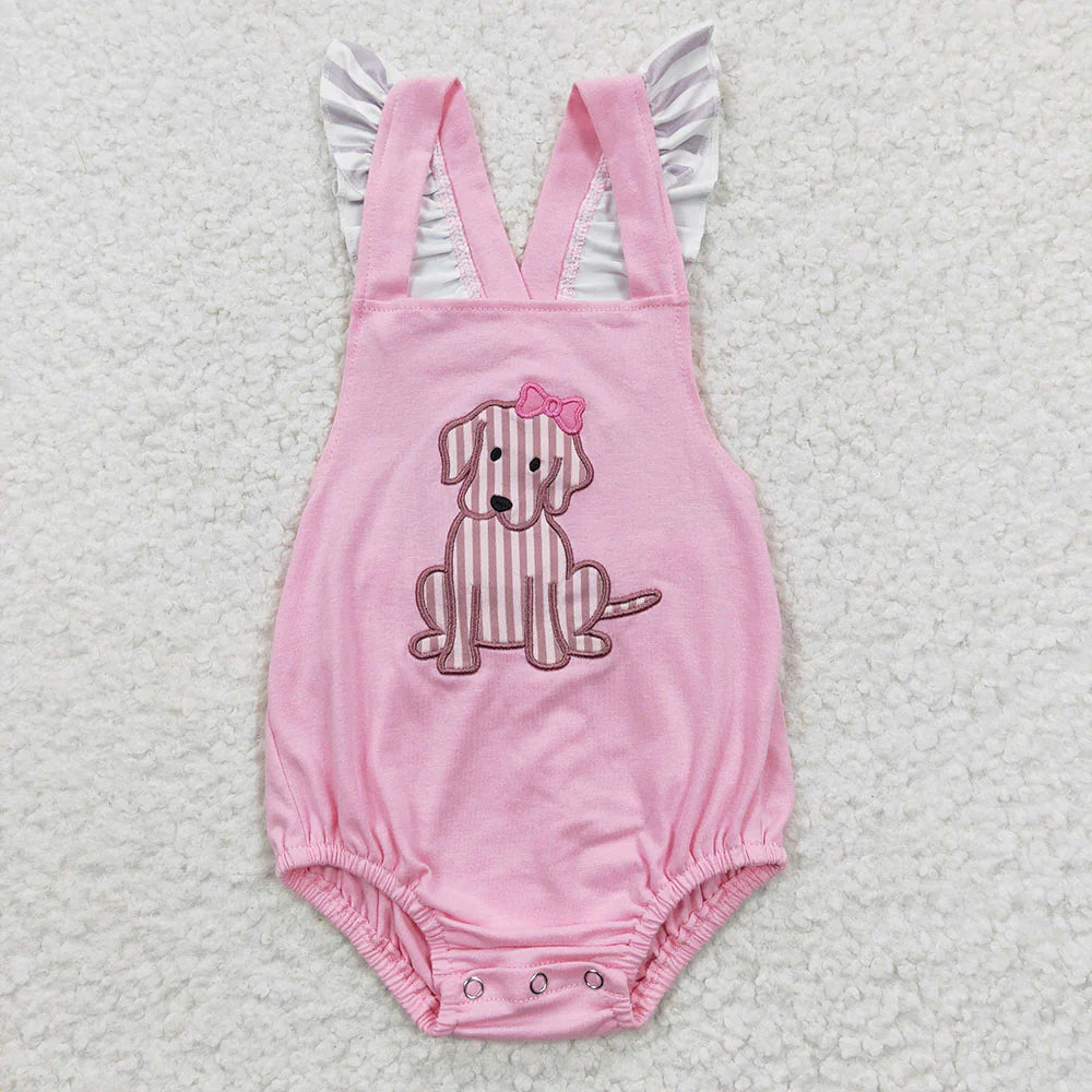 SR0303 Newborn Embroidery Bows Dogs Baby Girls Strap Ruffle Rompers