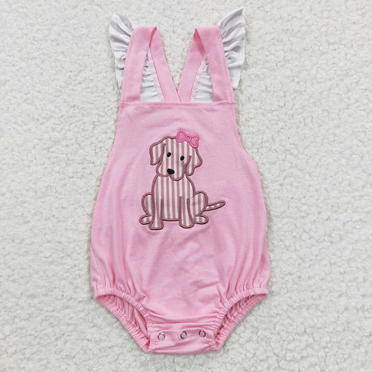 SR0303 Newborn Embroidery Bows Dogs Baby Girls Strap Ruffle Rompers