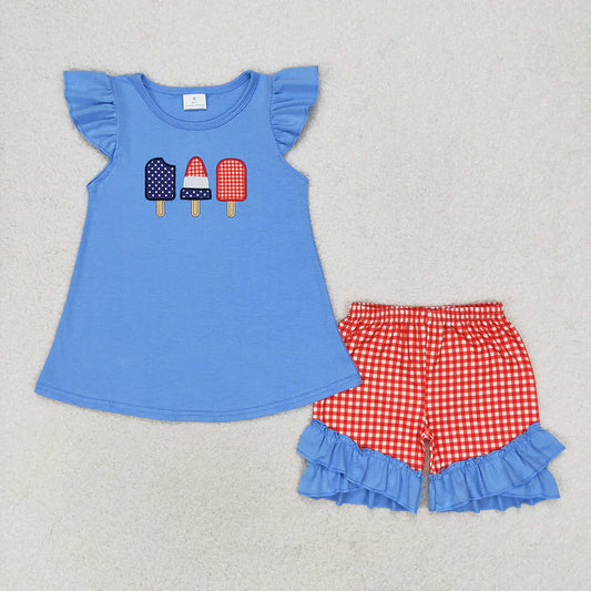 GSSO0860 Kids Baby Girls 4th Of July Popsicle Tunic Top Ruffle Shorts Clothes Sets
