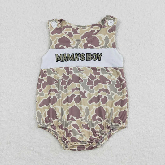 SR0995 Newborn Embroidery Mama's Boy Sleeveless Southern Khaki Camo Rompers