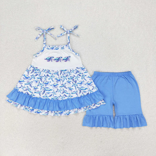 GSSO1241 Kids Embroider Turtles Baby Girls Straps Top Blue Ruffle Shorts Clothes Sets