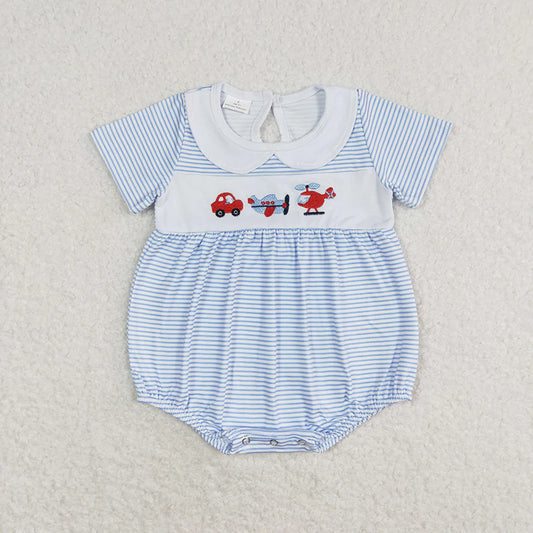 SR1152 Newborn Baby Infant Boys Blue Stripes Transpotation Rompers