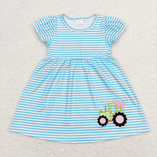 GSD0835 Kids Baby Girls Blue Stripes Tractor Bow Knee Length Dresses