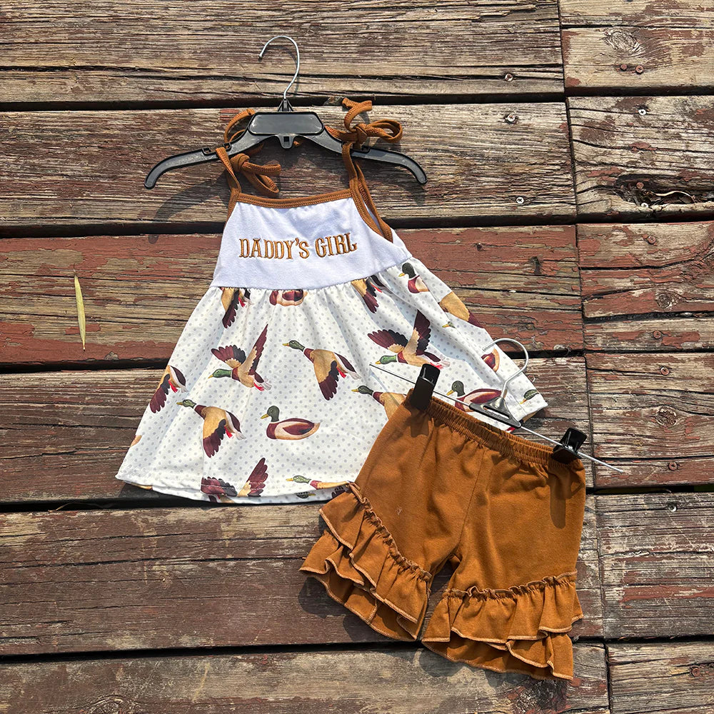 GSSO0807 Kids Baby Girls Daddy's Girl Duck Straps Tunic Top Ruffle Shorts Clothes Sets