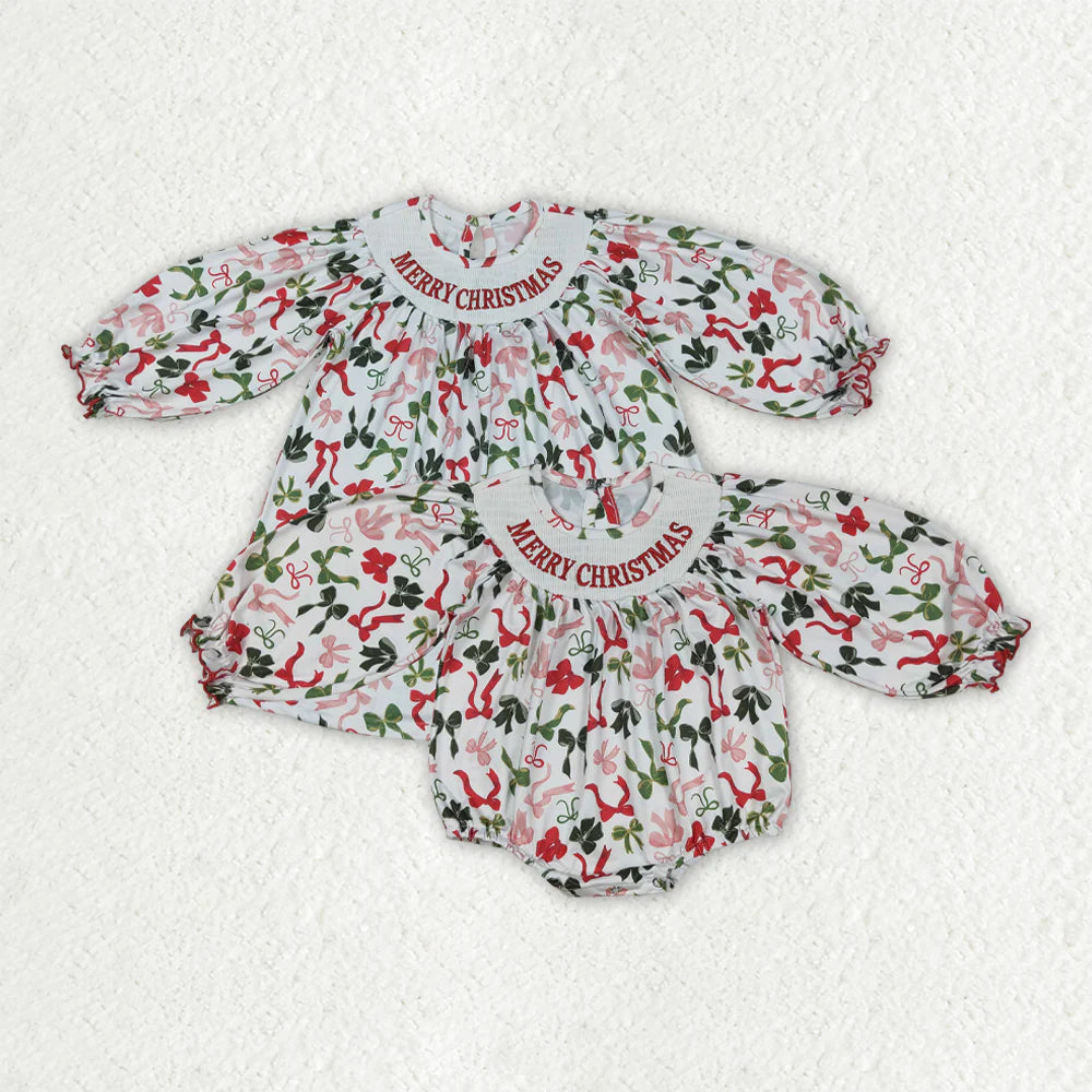 Sibling Baby Kids Girls Smocked Embroidery Merry Christmas Rompers Dresses
