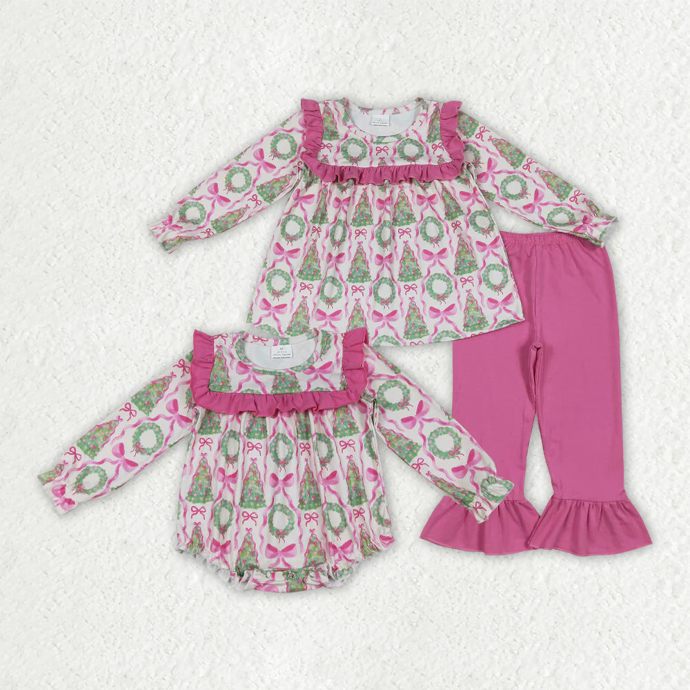 Sibling Baby Kids Girls Christmas Trees Bows Rompers Outfits Clothes Sets