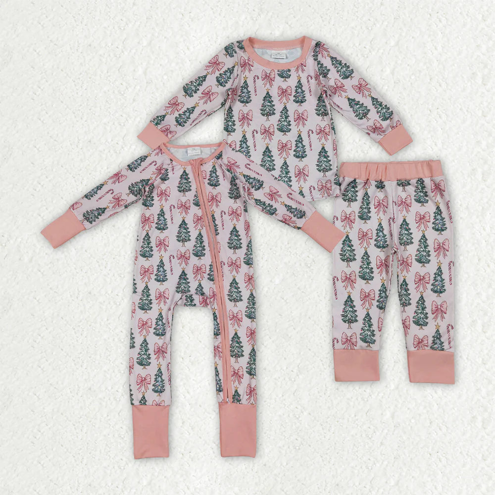 Sibling Kids Baby Girls Pink Christmas Trees Rompers Pajamas Sets